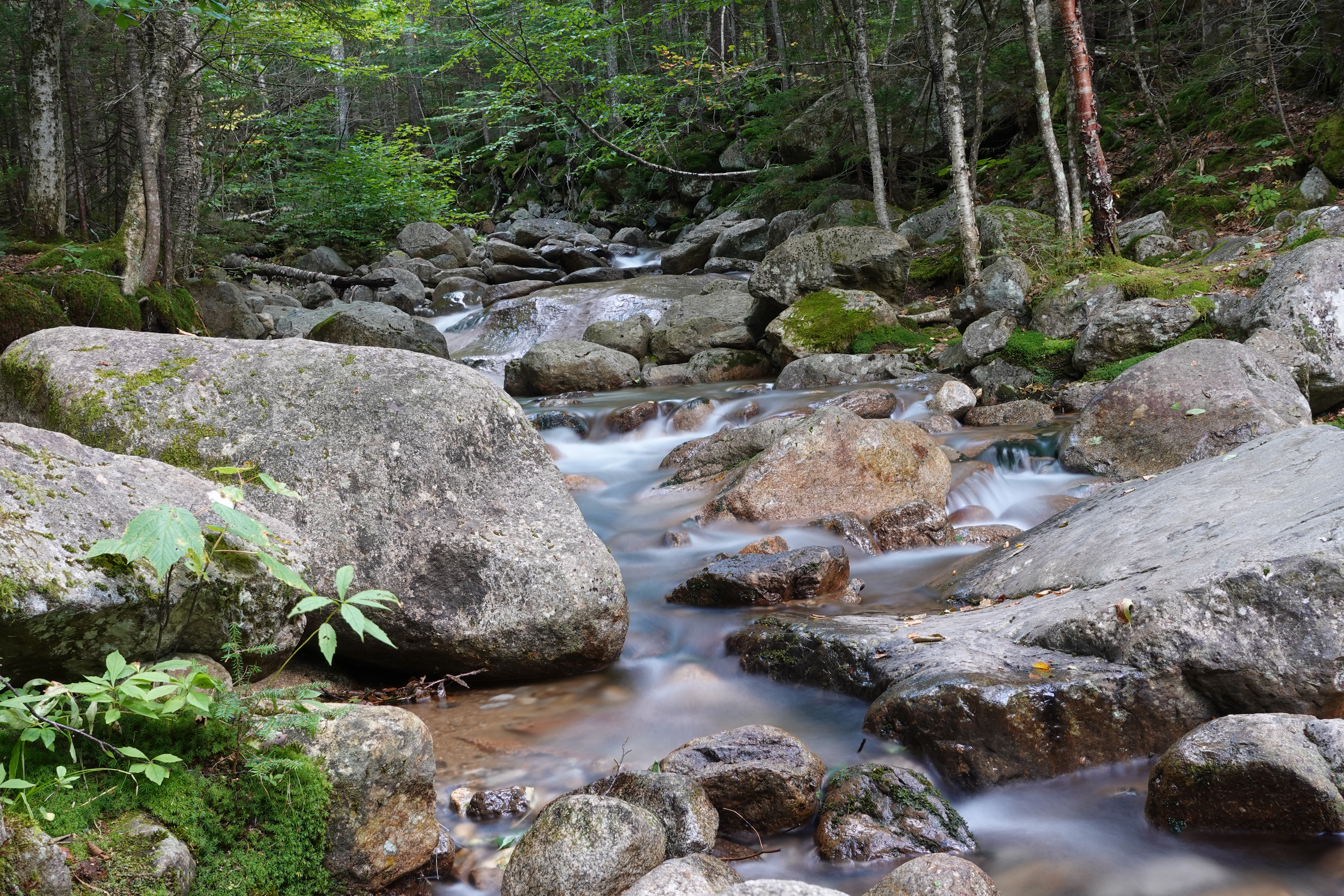 A long exposure image of a stream near Mount Lafayette